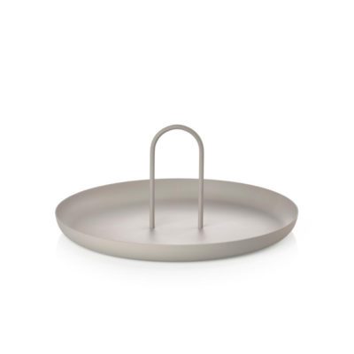 Studio lighting, white background, perspective view of a grey circular platter with an arc-shaped handle in the middle