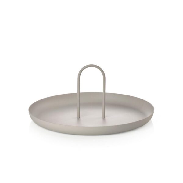 Studio lighting, white background, perspective view of a grey circular platter with an arc-shaped handle in the middle