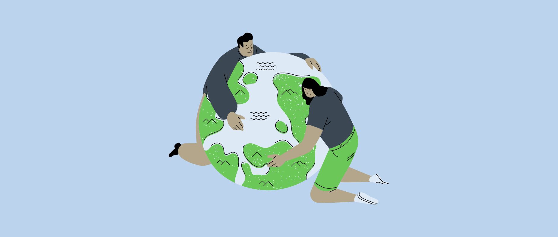 A website banner for a blog post about Earth Day. The image features an illustration of two large humans hugging the planet earth. The colours are very eco-themed with blues, light browns, and greens.