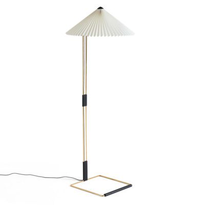 Matin Floor Lamp with polished brass finish and white shade.