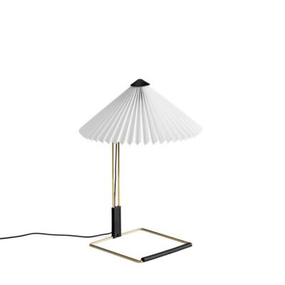Matin table lamp with polished brass finish and white shade.