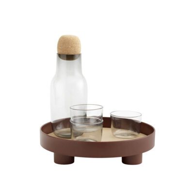 A packshot of Paltform tray by Muuto with two glasses and a carafe in a white background