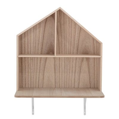 A house shaped wooden shelf can also be used as a desk for kids.
