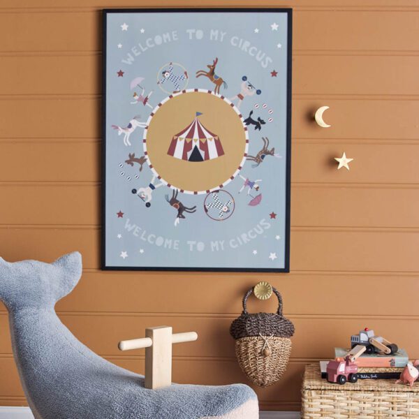 Maximo Illustration kids wall art poster with black frame in kid's room.