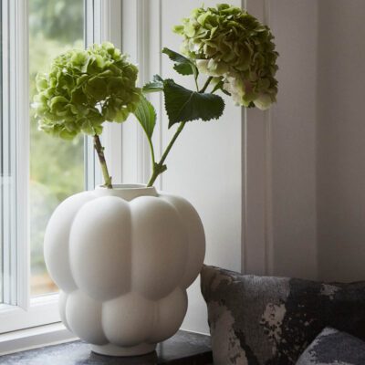 Uva vase with green flowers by the window.