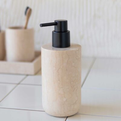 Soap dispenser and toothbrush holder/tumbler made from marble from Mette Ditmer.