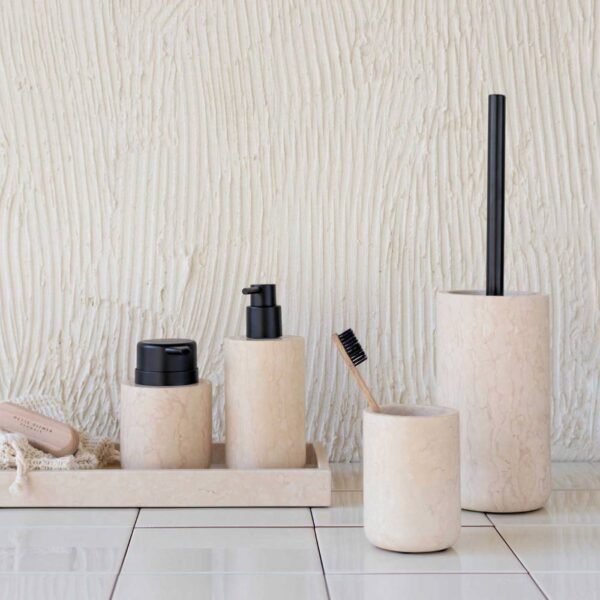 A set of bathroom essentials of Mette Ditmer Marble series, consists of toilet brush, toothbrush holder/tumbler, soap dispenser and decorative tray.