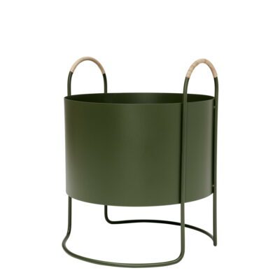 A packshot of Maki plant box low in olive made of iron with rattan handles.