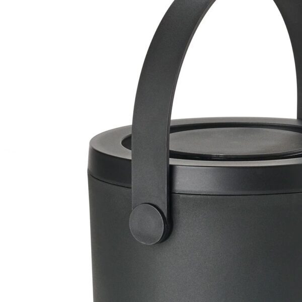 White background, studio image of a cylindrical trash bin with a pail-type handle.