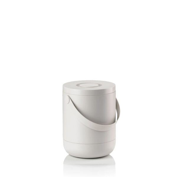 White background, studio image of a cylindrical trash bin with a pail-type handle.