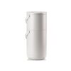 White background, studio image of a tall, grey, cylindrical trash bin with a pail-type handle.