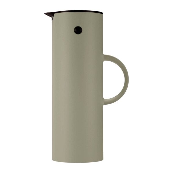 Classic vacuum jug from Stelton is made of ABS plastic with a glass insert in soft moss.