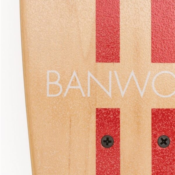 Close up of a skateboard's deck showing its woodgrain and racing stripes.