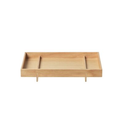 A squared-shaped wooden tray with short legs and feet