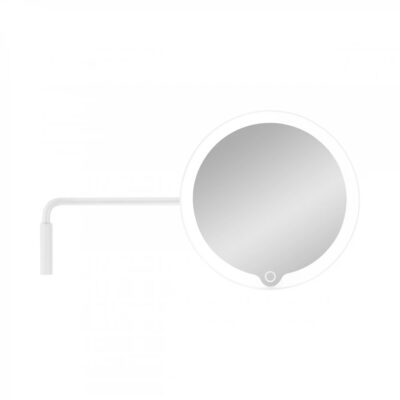 A round vanity mirror with a rotating arm mount mechanism.