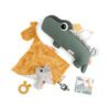 Play Time goodie box is a perfect nursery gift includes a Croco Tummy time activity toy, a Comfort blanket with Raffi, a Silicone teether and a Squeeker rattle with Raffi.
