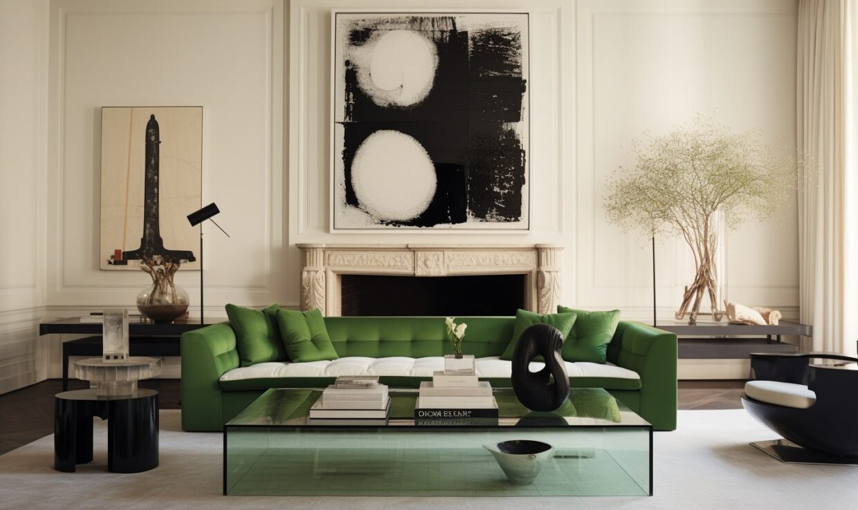 An AI Generated image of a living room with a large green sofa.