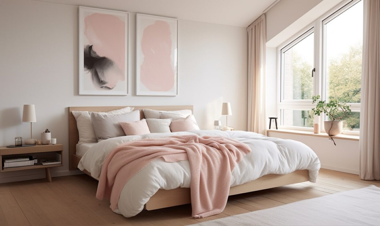 An AI Generated image of a bedroom decorated with accents of soft pink.