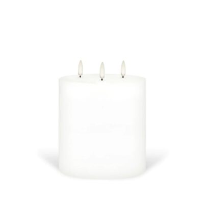 A three-wicked, flameless pillar candle.