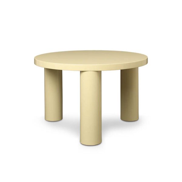 Round coffee table with cylindrical legs in lemonade is made from certified wood.