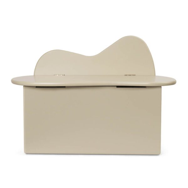 An organic shaped kids storage bench in cashmere made from certified MDF.