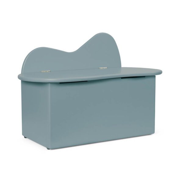 A packshot of an organic shaped kids storage bench in soft blue colour, made from certified MDF.e kids storage bench in soft blue made from certified MDF.