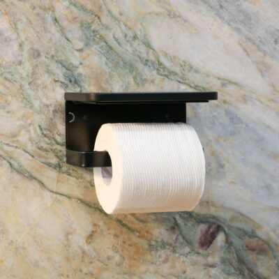 Designstuff Toilet Roll Holder W_ Shelf Single Black on a marble surface