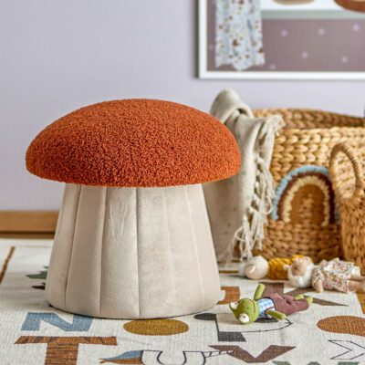 Mushroom shaped Bertil pouf in red and beige perfect for kids room decor.