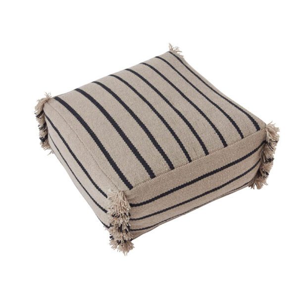 A packshot of Lina Recycled Polyester Pouf with stripes and fringes on the sides.