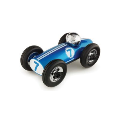 Studio lighting, perspective view of a kids' toy car with a helmet-wearing character seated inside.